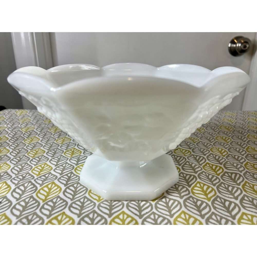 Vintage Anchor Hocking White Milk Glass Grape Leaf Compote & Pedestal Bowl